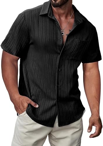 Men's Button Down Shirts Textured Short  Casual Summer Hawaiian Beach Shirt with Pocket