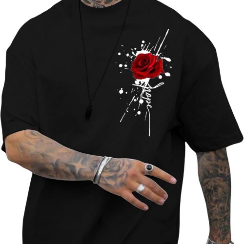 men Rose Print Graphic Tees Oversized T Shirt Summer Tops Casual