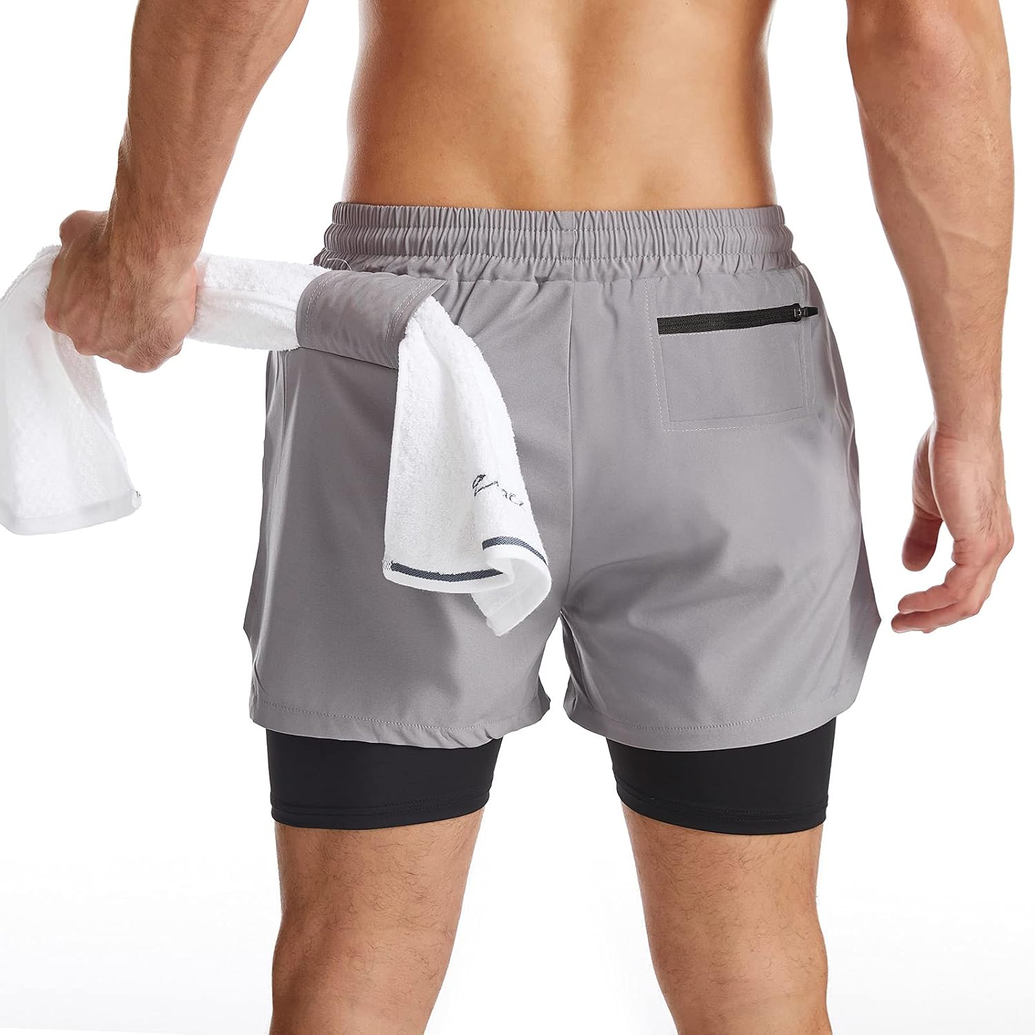 men 2 in 1 Running Shorts Quick Dry Athletic Shorts with Liner, Workout Shorts with Zip Pockets and Towel - Image 2