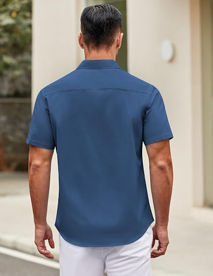 Mens Short Casual Button Down Shirts Summer Untucked Dress Shirts with Pocket - Image 2