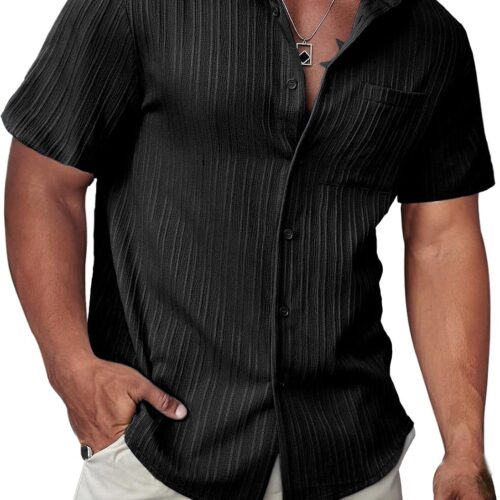 Shirt for Men Button Down Short Sve Shirts Textured Casual Summer Beach Linen Shirts