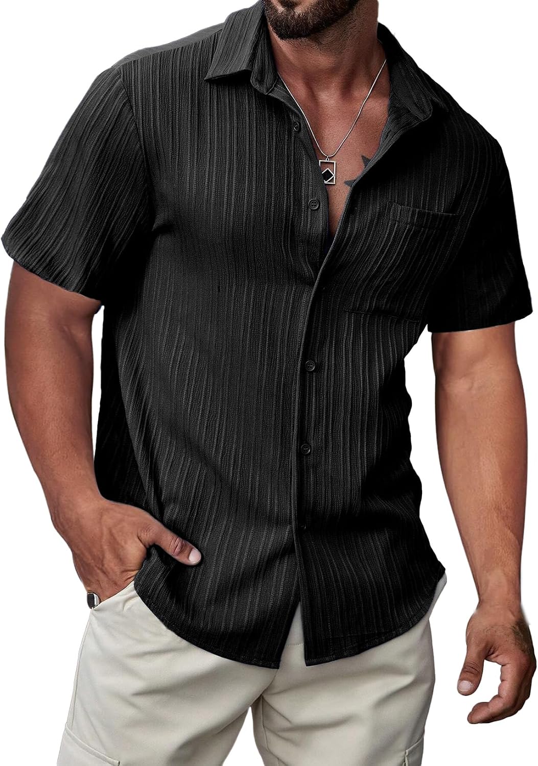 Shirt for Men Button Down Short Sve Shirts Textured Casual Summer Beach Linen Shirts