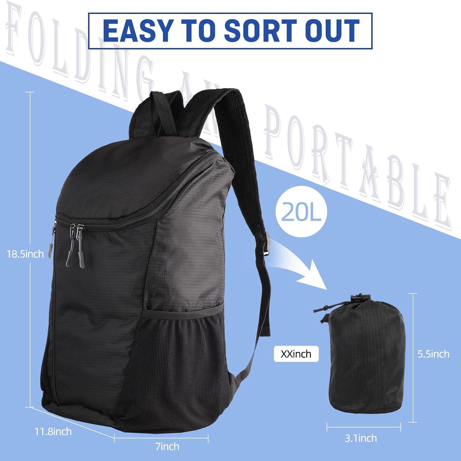 Hiking Backpack, Waterproof and Wear-resistant Lightweight Backpack Packable,Outdoor Travel Camping Daypack Foldable-BLACK - Image 2