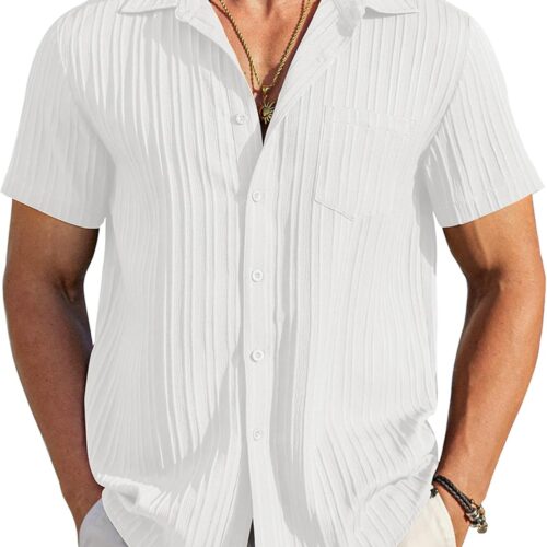 men Casual Button Down Shirts Short Sve Textured Summer Beach Shirt with Pocket