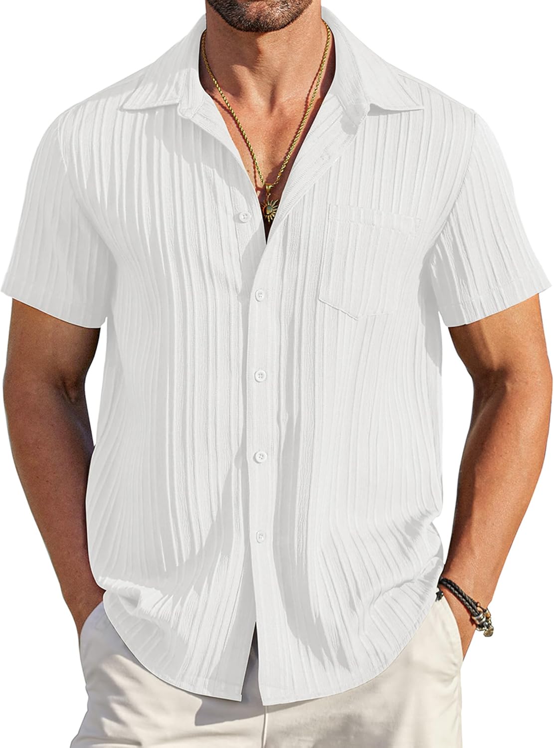 men Casual Button Down Shirts Short Sve Textured Summer Beach Shirt with Pocket