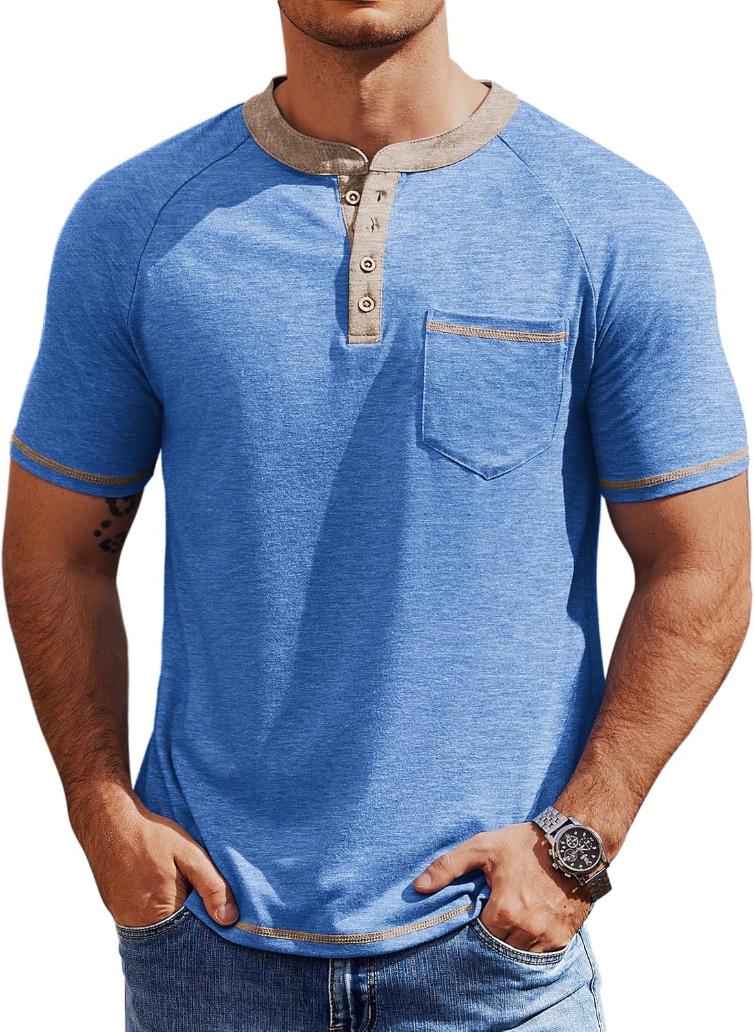 Mens Shirts Short Casual Button T-Shirts Basic Tee Shirts Summer Vintage T Shirts with Pocket