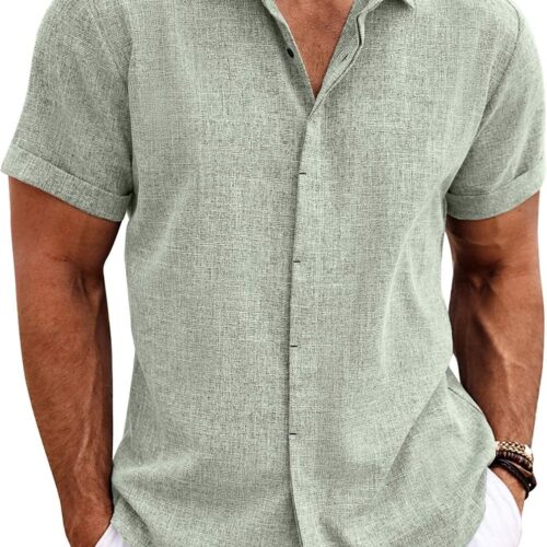 Men's Linen Shirt Short Sleeve Casual Shirt Button-Down Shirt Men's Beach Summer Wedding Shirt