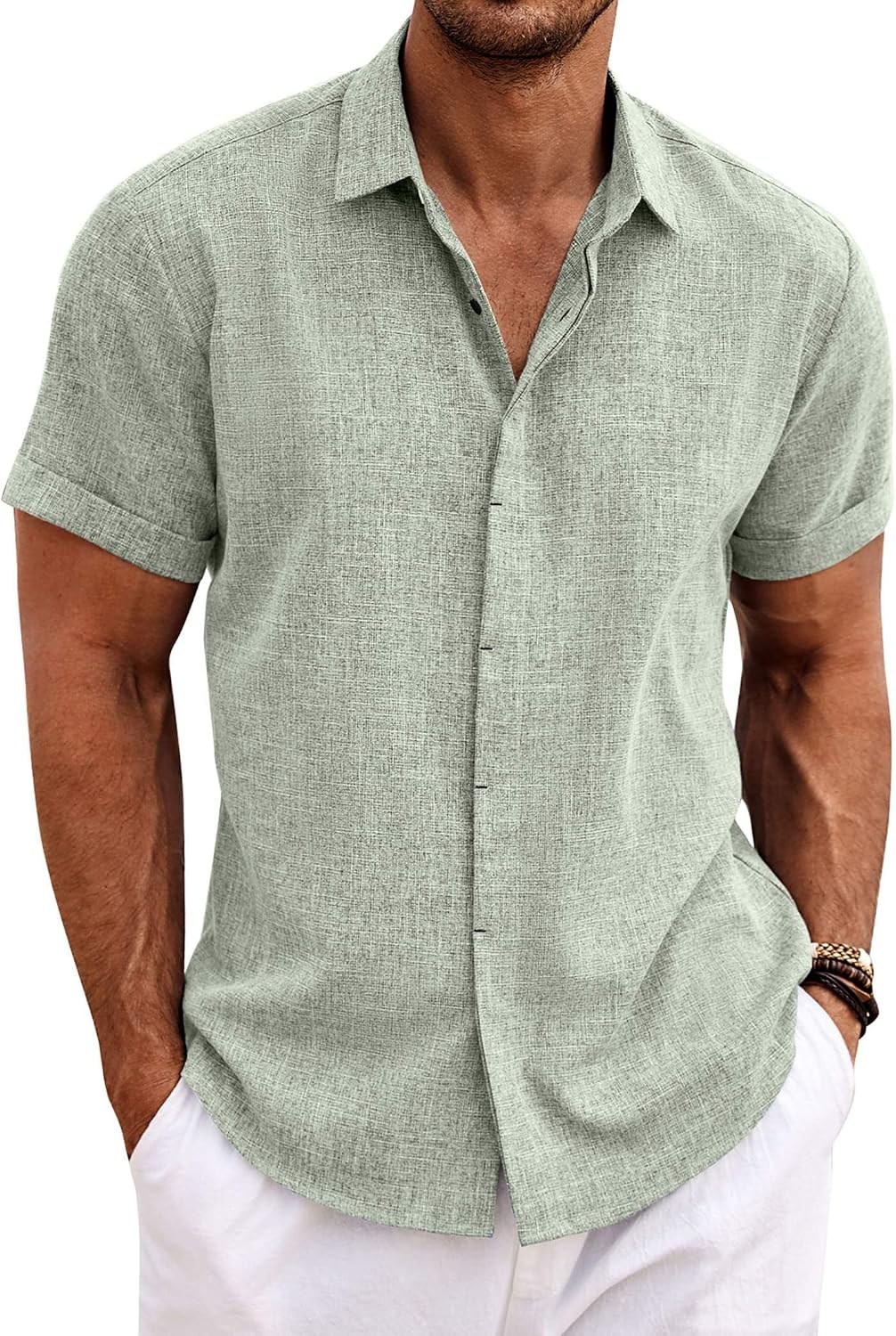 Men's Linen Shirt Short Sleeve Casual Shirt Button-Down Shirt Men's Beach Summer Wedding Shirt