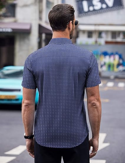Mens Short Button Down Shirts Wrinkle Free Dress Shirts Casual Polka Dot Print Shirt with Pocket - Image 2